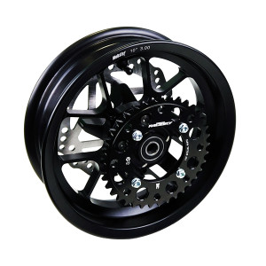 Ruota posteriore 10 pollici, canale 3,00 in alluminio forgiato con mozzo scomponibile.Versione con attacchi corona e disco fren