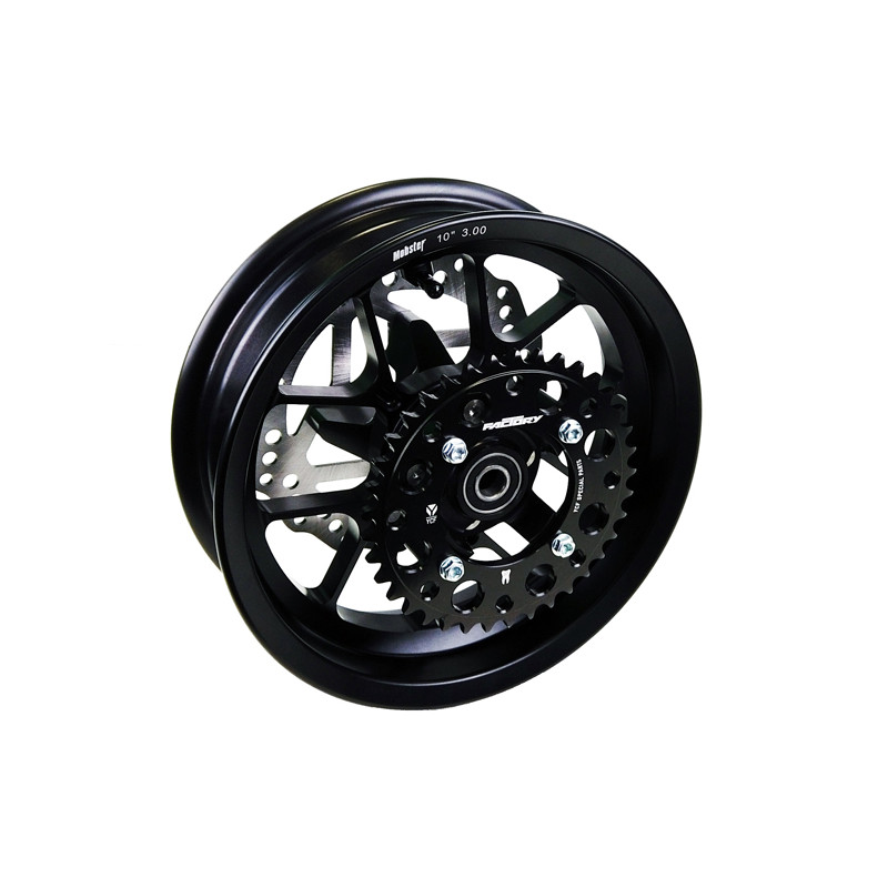 Ruota posteriore 10 pollici, canale 3,00 in alluminio forgiato con mozzo scomponibile.Versione con attacchi corona e disco fren