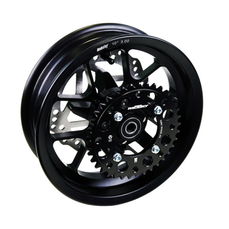Ruota posteriore 10 pollici, canale 3,00 in alluminio forgiato con mozzo scomponibile.Versione con attacchi corona e disco fren