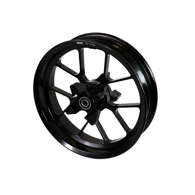 Ruota posteriore 12 pollici, canale 3,00 in alluminio forgiato con mozzo scomponibile.Versione con attacchi corona e disco fren