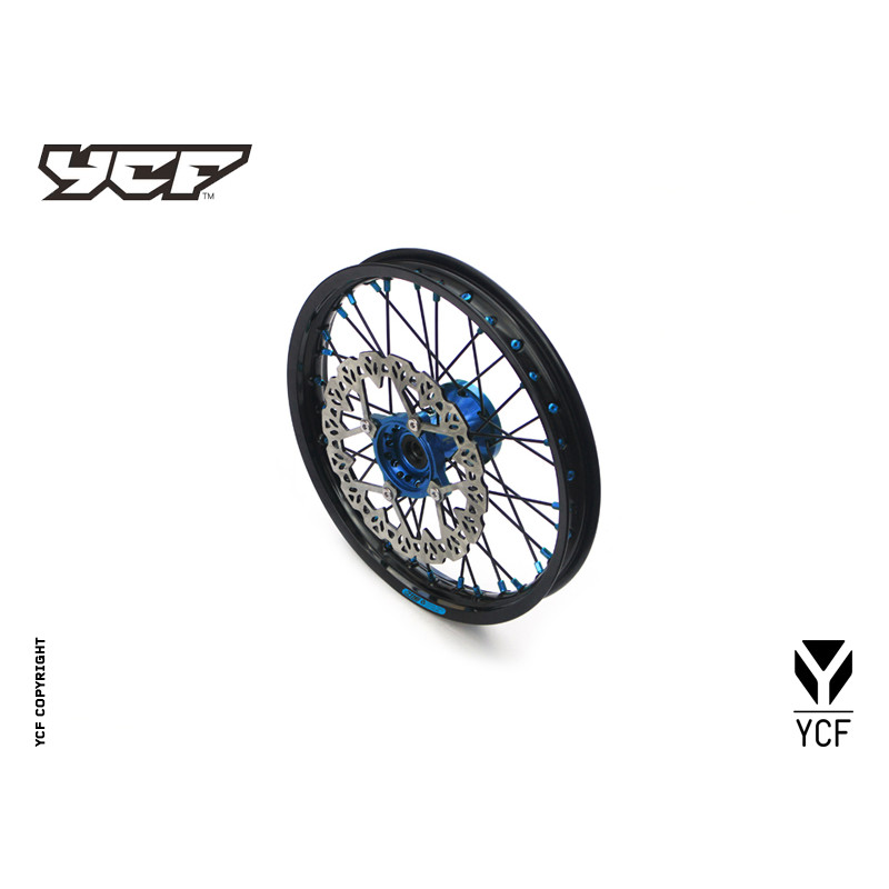 Cerchio anteriore ALLUMINIO completo 1,40 14”, con disco 220mm, mozzo CNC BLU, cerchio nero, raggi neri