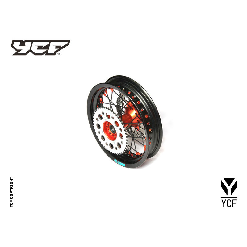 Cerchio posteriore ALLUMINIO completo 1,85 12”, con disco 200mm, mozzo CNC ARANCIONE, cerchio nero, raggi neri