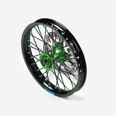 Cerchio anteriore ALLUMINIO completo 1,40 14”, con disco 220mm, mozzo CNC VERDE, cerchio nero, raggi neri