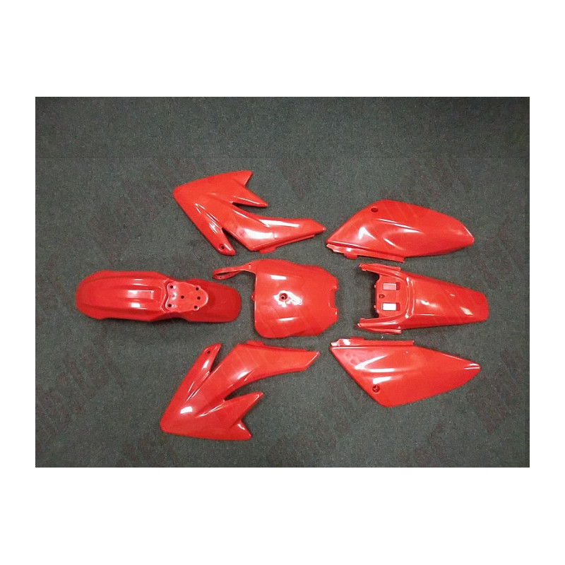 KIT PLASTICHE PIT BIKE COMPLETO B2/CRF70 COLORE ROSSO. COMPLETE DI TUTTO, GOMMINI PER MONTAGGIO
