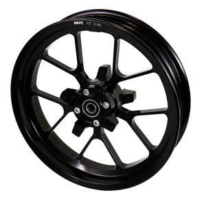 Ruota anteriore 12 pollici, canale 2,50 in alluminio forgiato con mozzo scomponibile.Versione per doppio disco freno con attacc