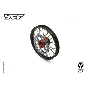 Cerchio anteriore ALLUMINIO completo 1,40 14”, con disco 220mm, mozzo CNC ARANCIONE, cerchio nero, raggi neri